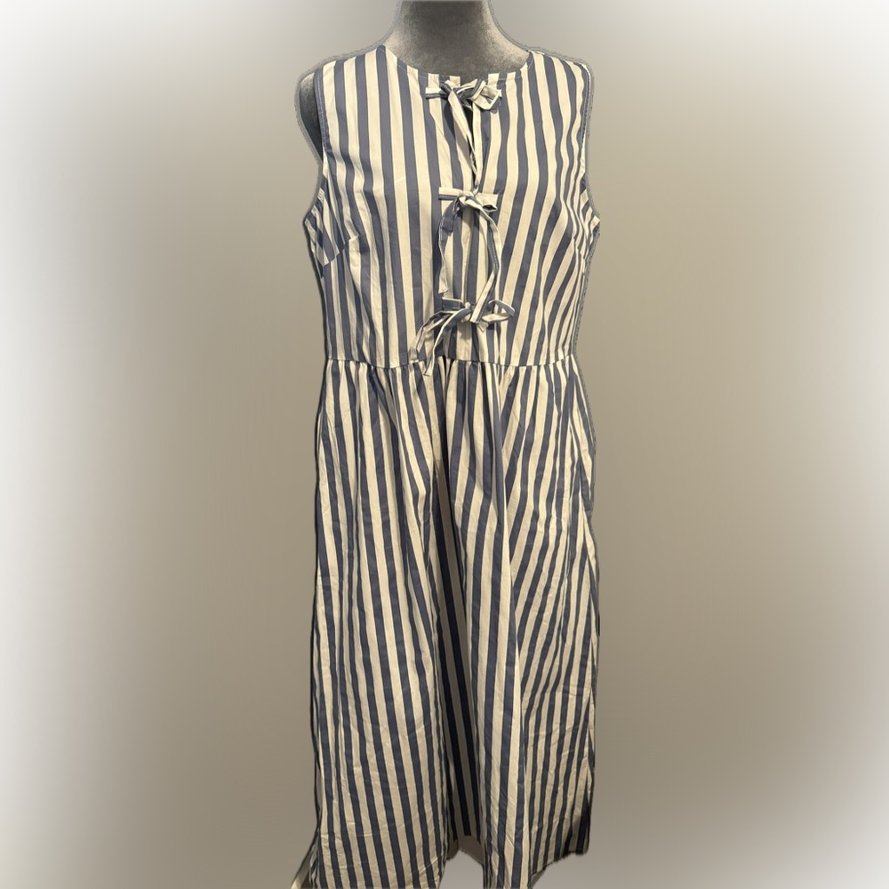 Joie Navy and White Striped Sleeveless Tie-Front Midi Dress - Picture 1 of 2